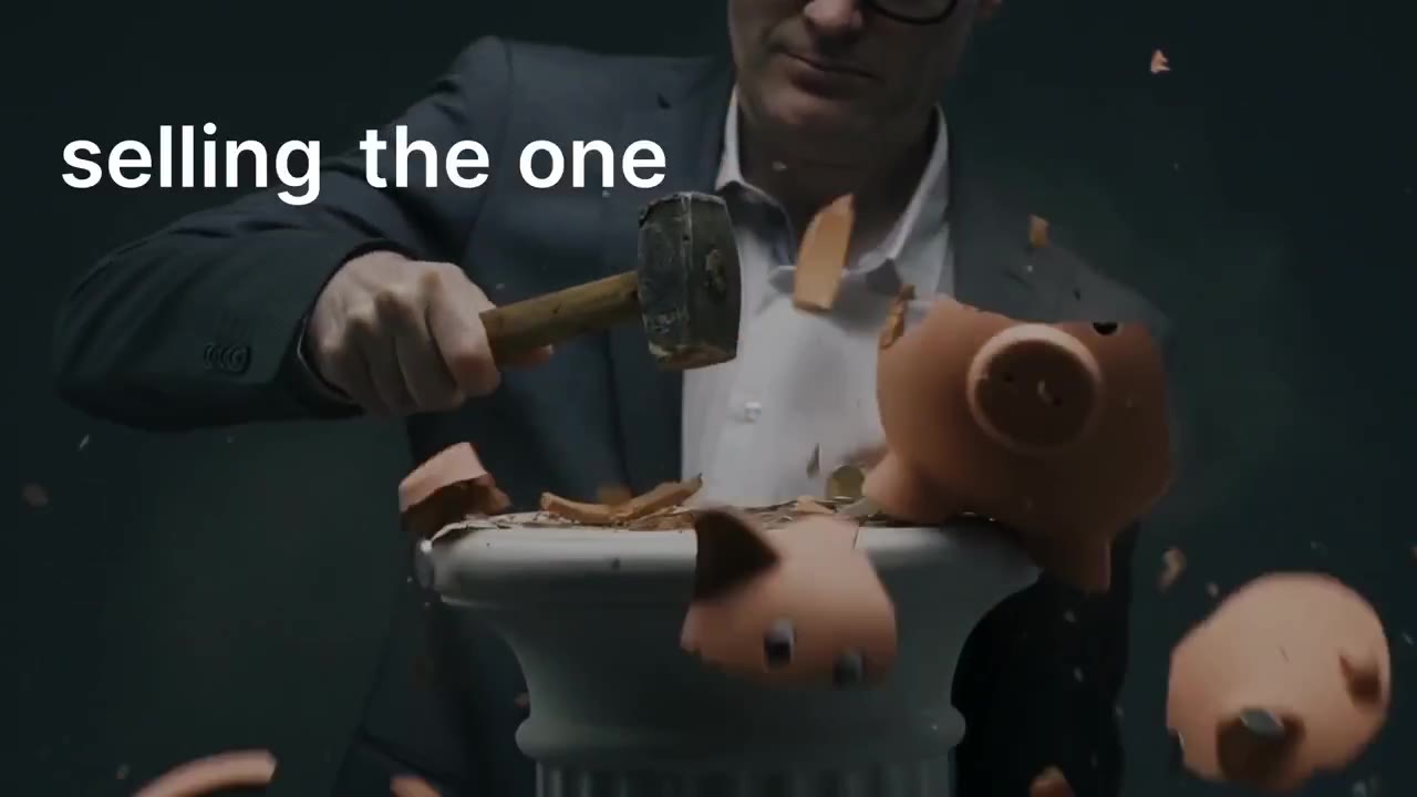 A piggy bank breaks apart beneath the words selling the one in the Autara edit