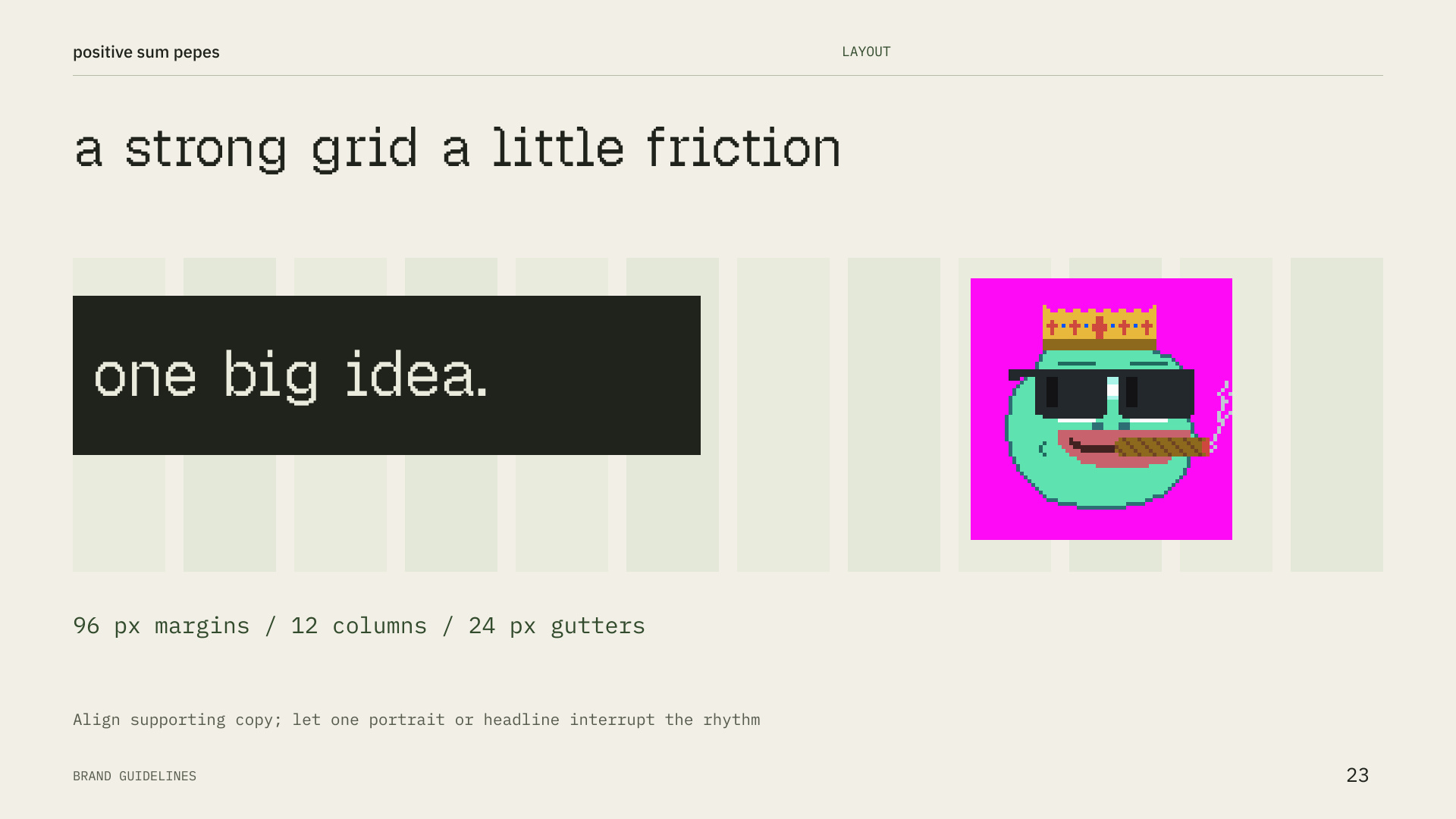 Positive Sum Pepes brand guidelines, page 23.